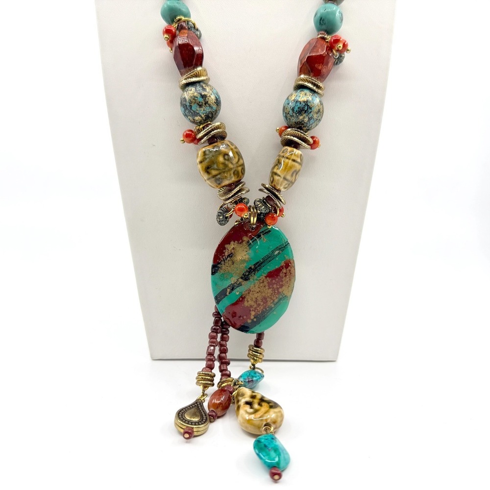 VTG Turquoise Color Pendant Necklace Jasper Style Earthy‎ Multi Bead Fringe Boho